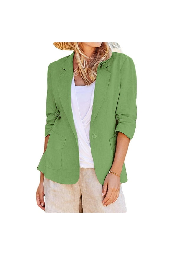 Linen Blazers for Women Business Casual 3/4 Sleeve Lightweight Suit Jackets Work Office Blazer With Pockets Green