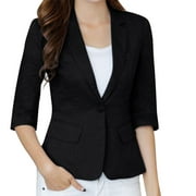 BOOMILK Linen Blazers for Women Business Casual 3/4 Sleeve Solid Suit Jacket Lapel Loose Black L