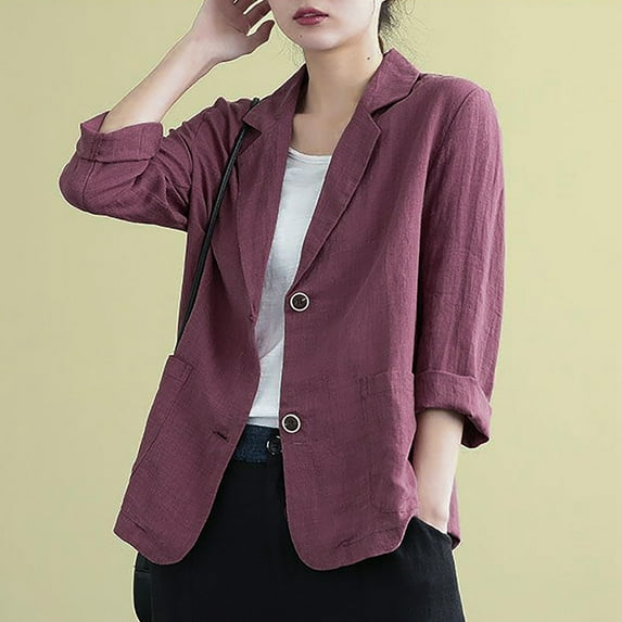 BOOMILK Linen Blazers for Women Business Casual Long Sleeve Suit Jacket Lightweight Work Blazer Red