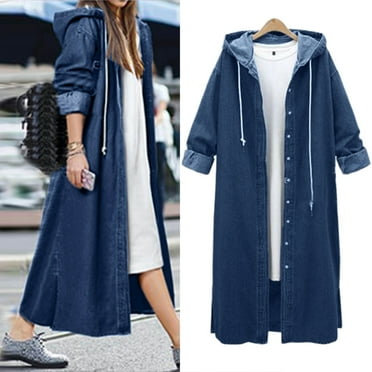 BOOMILK Long Denim Jacket for Women Plus Size Hooded Long Sleeve Jean Outerwear Trench Coat