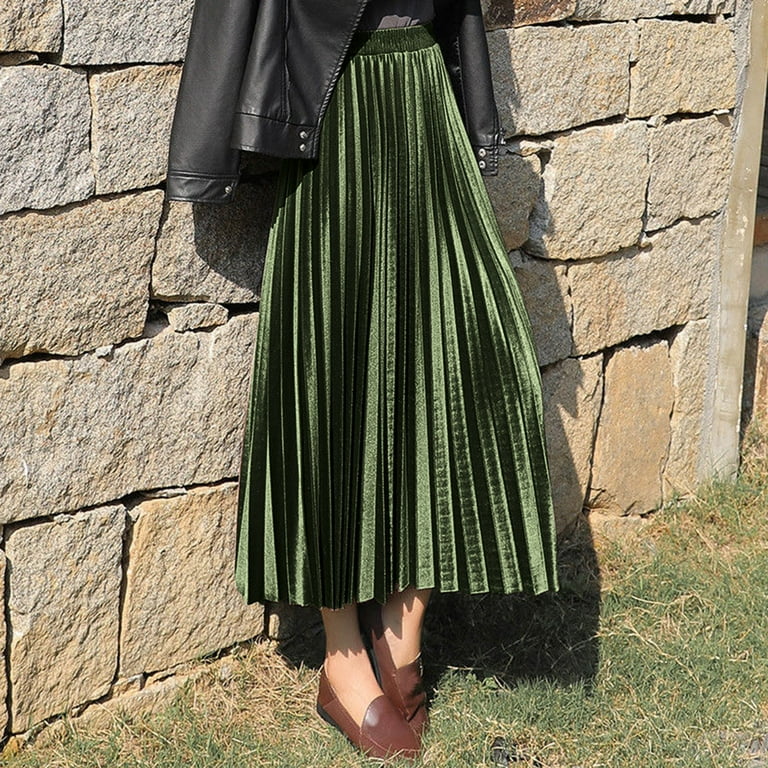 Green pleated velvet skirt hotsell