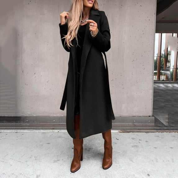 BOOMILK Long Trench Coats for Women Solid Elegant Long Sleeve Wool Coat With Belt Warm Overcoat