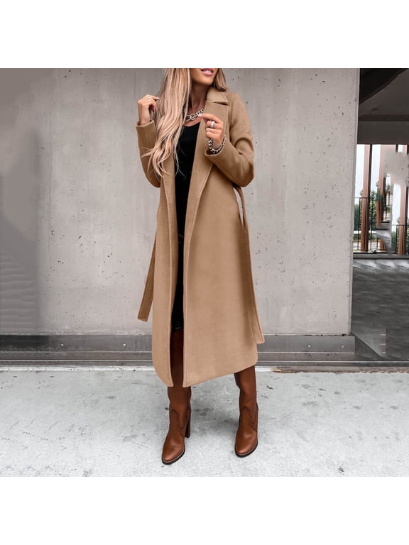 Long Trench Coats for Women Solid Elegant Long Sleeve Wool Coat With Belt Warm Overcoat