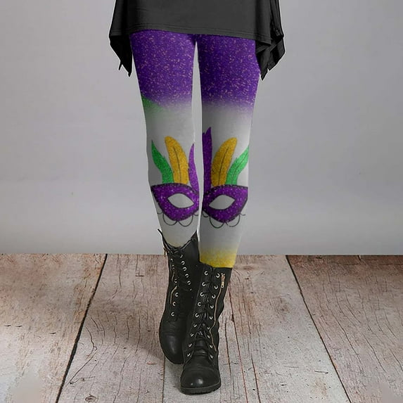 BOOMILK Mardi Gras Leggings for Women Trendy Print Elastic High Waisted Legging Plus Size Party Carnival Skinny Pants