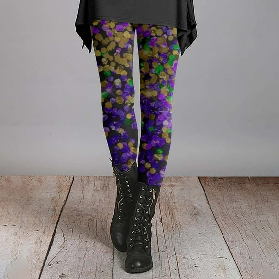 BOOMILK Mardi Gras Leggings for Women Trendy Print Elastic High Waisted Legging Plus Size Party Carnival Skinny Pants