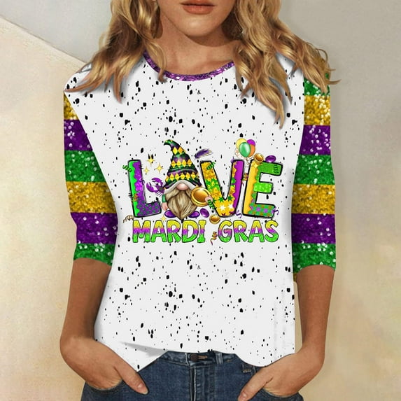 BOOMILK Mardi Gras Shirts for Women 3/4 Sleeve Round Neck Carnival Graphic Tees Summer T Shirt
