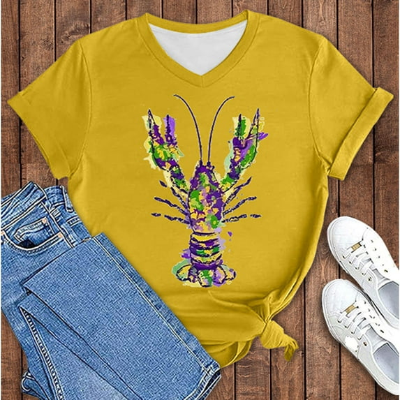 BOOMILK Mardi Gras Shirts for Women Carnival Crawfish Lobster Print V Neck T-shirt Plus Size Summer Top Graphic Tees