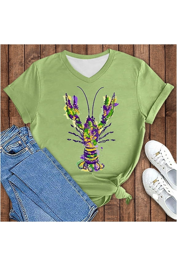 Mardi Gras Shirts for Women Carnival Crawfish Lobster Print V Neck T-shirt Plus Size Summer Top Graphic Tees