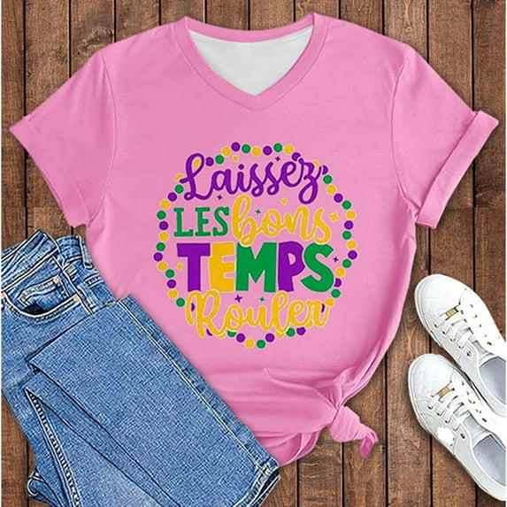 BOOMILK Mardi Gras Shirts for Women Casual Letter Graphic Tees V Neck Short Sleeve T-shirt Gift Summer Tops Plus Size