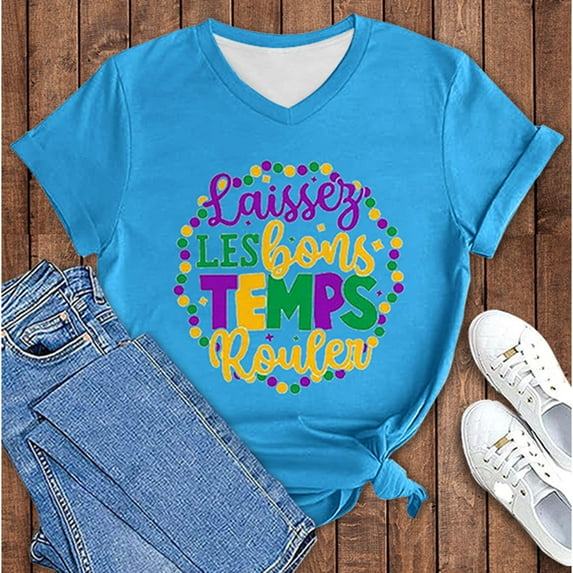 BOOMILK Mardi Gras Shirts for Women Casual Letter Graphic Tees V Neck Short Sleeve T-shirt Gift Summer Tops Plus Size