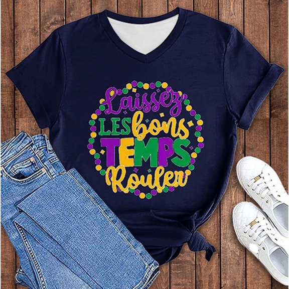 BOOMILK Mardi Gras Shirts for Women Casual Letter Graphic Tees V Neck Short Sleeve T-shirt Gift Summer Tops Plus Size