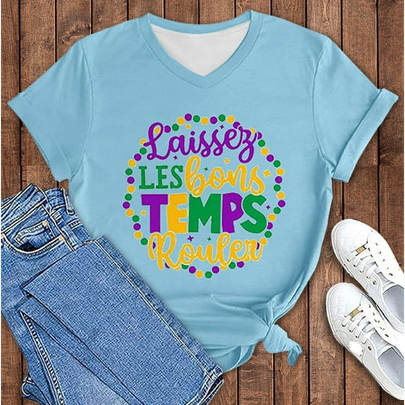 BOOMILK Mardi Gras Shirts for Women Casual Letter Graphic Tees V Neck Short Sleeve T-shirt Gift Summer Tops Plus Size