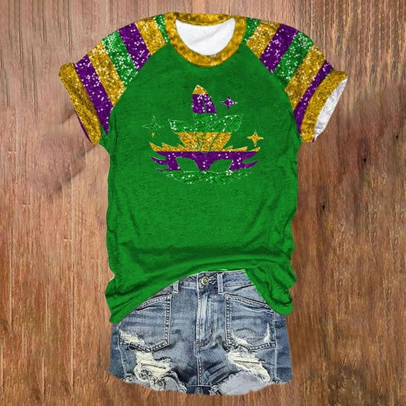 BOOMILK Mardi Gras Shirts for Women Plus Size Letter Print Graphic Tees Crew Neck Short Sleeve Summer Top