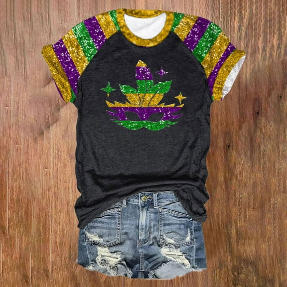 BOOMILK Mardi Gras Shirts for Women Plus Size Letter Print Graphic Tees Crew Neck Short Sleeve Summer Top