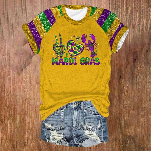 BOOMILK Mardi Gras Shirts for Women Sequin Print Crew Neck Color Block Short Sleeve Top Summer Graphic Tees Plus Size