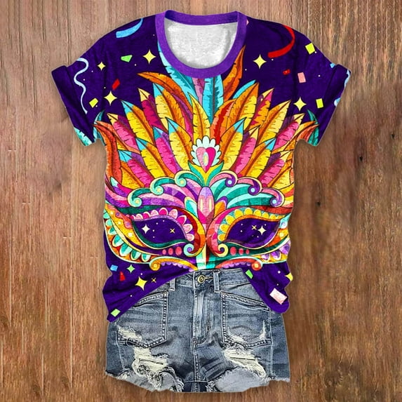 BOOMILK Mardi Gras Shirts for Women Trendy Print Crew Neck Tunic T-shirts Loose Short Sleeve Summer Graphic Tees Plus Size