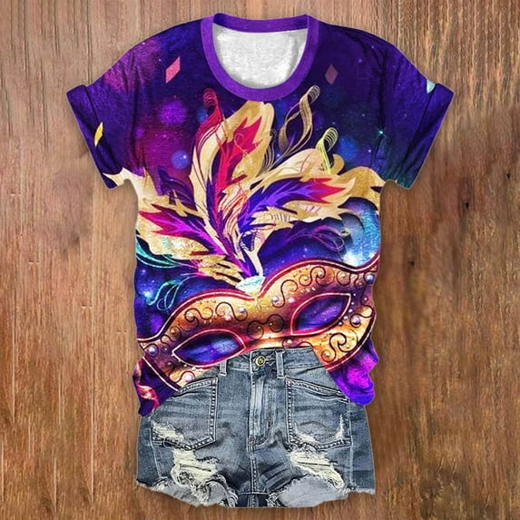 BOOMILK Mardi Gras Shirts for Women Trendy Print Crew Neck Tunic T-shirts Loose Short Sleeve Summer Graphic Tees Plus Size