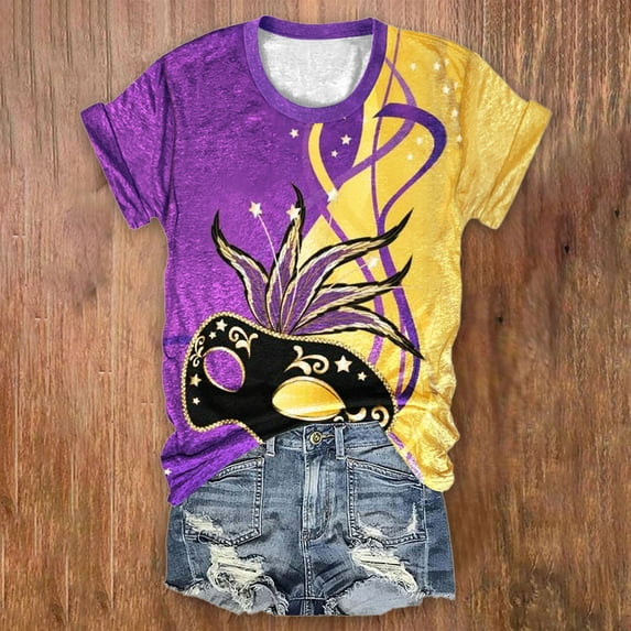 BOOMILK Mardi Gras Shirts for Women Trendy Print Crew Neck Tunic T-shirts Loose Short Sleeve Summer Graphic Tees Plus Size