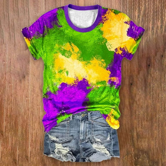 BOOMILK Mardi Gras T Shirts for Women Trendy Print Crew Neck Tunics Loose Short Sleeve Summer Graphic Tees Plus Size