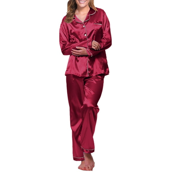 BOOMILK Pajama Sets for Women 2 Piece Long Sleeve Shirt and Long Pants with Pockets Button-up Satin Sleepwear Lounge Pjs