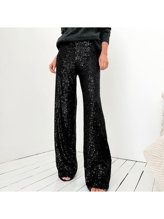 Pants for Women Solid Color Sequins Trendy Casual Straight Pants Black
