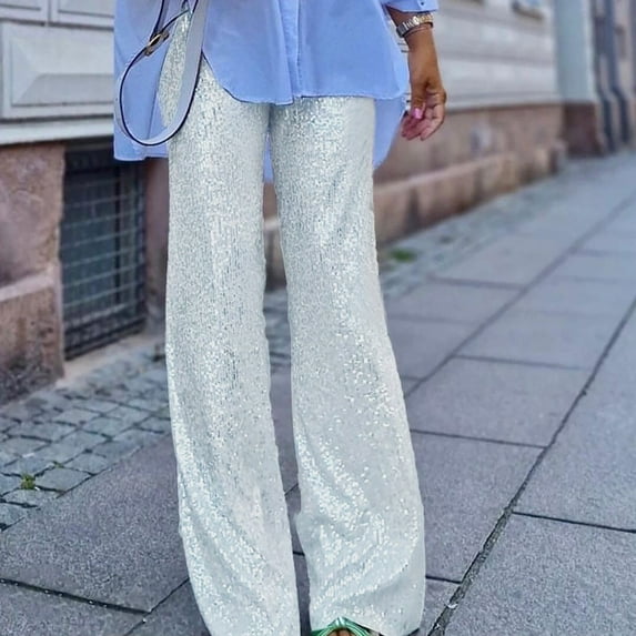 BOOMILK Pants for Women Solid Color Sequins Trendy Casual Straight Pants Silver