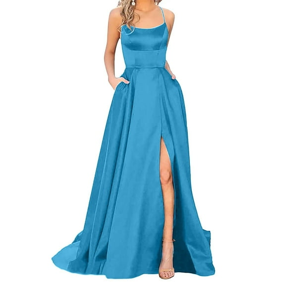 BOOMILK Party Dresses for Women Elegant Spaghetti Strap Slit Long Satin Dress With Pocket Wedding Cocktail Bridsmaid Dress