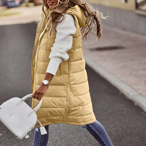 BOOMILK Puffer Vest Women Plus Size Solid Hooded Winter Sleeveless Down Coat Long Zip Up Jacket Warm