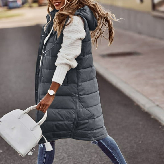 BOOMILK Puffer Vest Women Plus Size Solid Hooded Winter Sleeveless Down Coat Long Zip up Jacket Warm