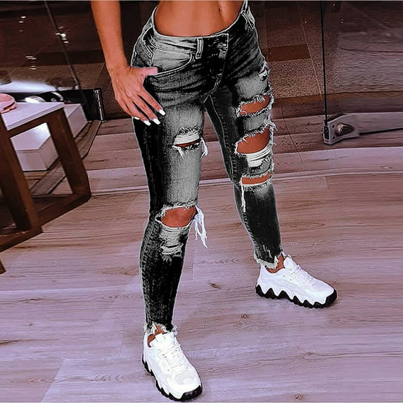 BOOMILK Ripped Jeans for Women Plus Size Solid Color Low Waisted Ankle Length Taper Denim Pants Black