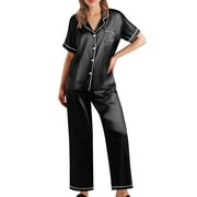 BOOMILK Satin Pajama Sets for Women Summer Short Sleeve Shirt Pants 2 Piece Set Silky Loose Sleepwear Plus Size