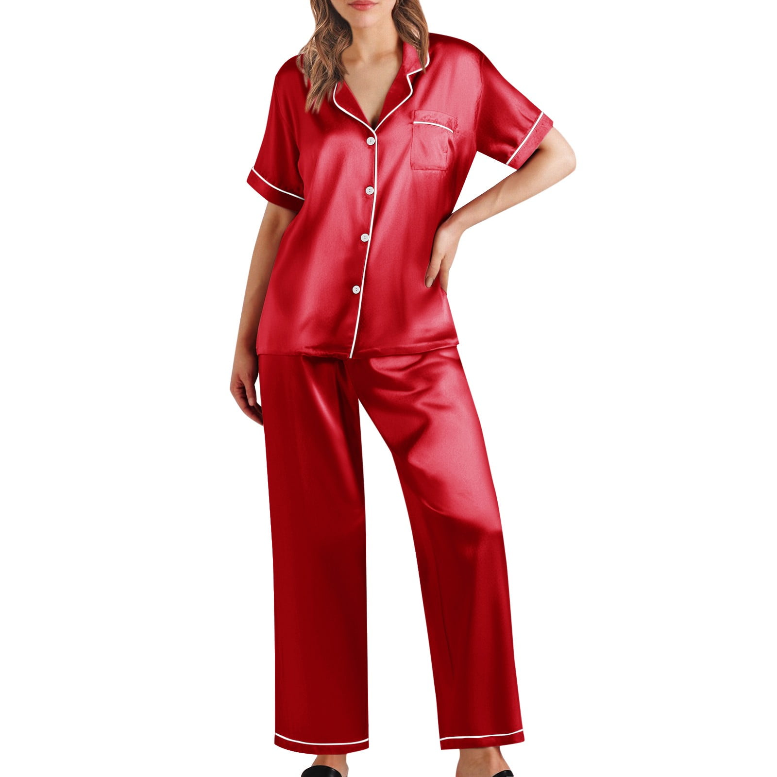 WDIRARA Women's 2 Piece Satin Pajama Set - Butterfly Print Short Sleeve Shirt & Pants