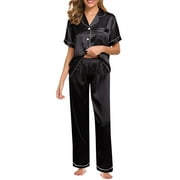 BOOMILK Satin Pajama Sets for Women Summer Short Sleeve Shirt Pants 2 Piece Set Silky Loose Sleepwear Plus Size