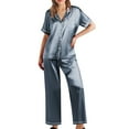 thumbnail image 1 of BOOMILK Satin Pajama Sets for Women Summer Short Sleeve Shirt Pants 2 Piece Set Silky Loose Sleepwear Plus Size, 1 of 5