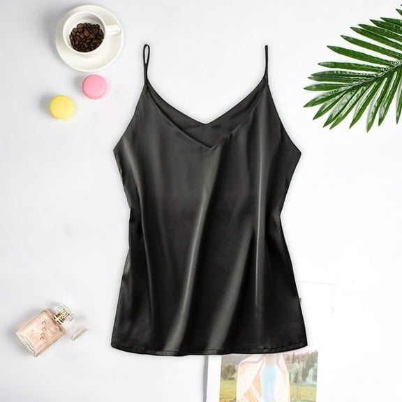 BOOMILK Satin Pajamas Women Sleeveless Silky V Neck Camisole Comfy Sling Sleepwear Tank Top