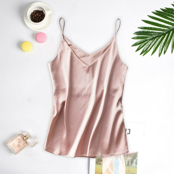 BOOMILK Satin Pajamas Women Sleeveless Silky V Neck Camisole Comfy Sling Sleepwear Tank Top