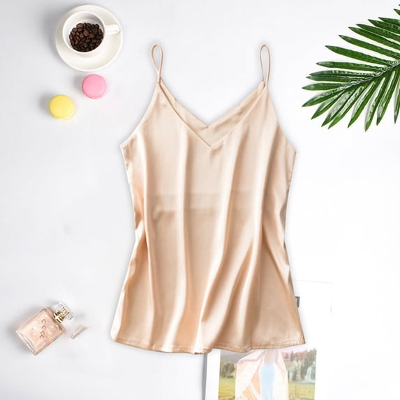 BOOMILK Satin Pajamas Women Sleeveless Silky V Neck Camisole Comfy Sling Sleepwear Tank Top
