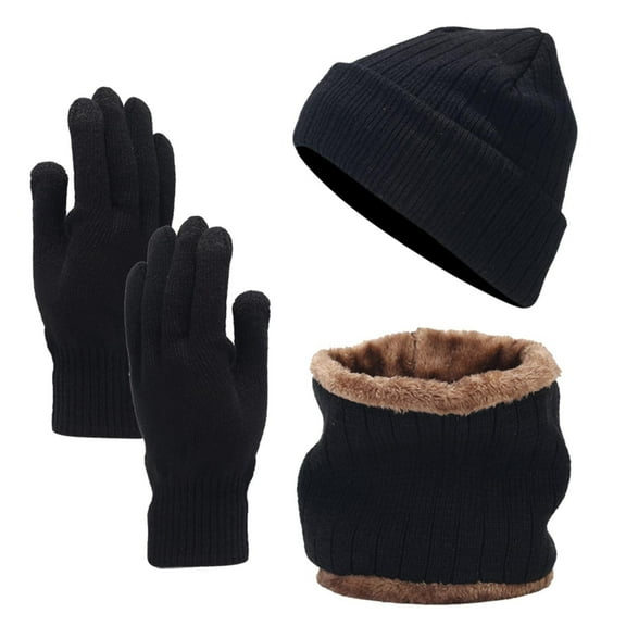 BOOMILK Scarf Gloves Hat Set For Teen Girls Women Men Fall Winter Warm Wool Hat Scarf Gloves Three Pieces Black