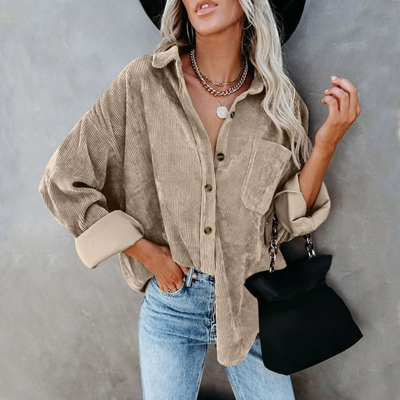 BOOMILK Shirts for Women Corduroy Button Down Shirt Oversized Blouses Tops Long-Sleeve Casual Warm Jacket With Pockets Beige