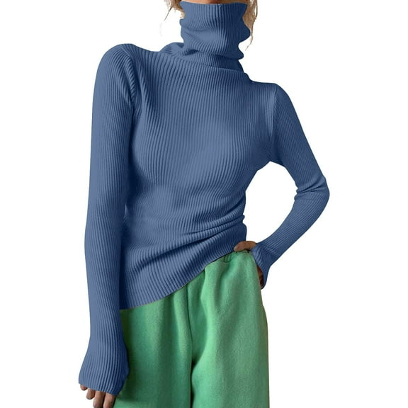 BOOMILK Sweaters for Women Plus Size Turtleneck Ribbed Knit Sweater Top Long Sleeve Solid Slim Fit Jumper Pullover Blue