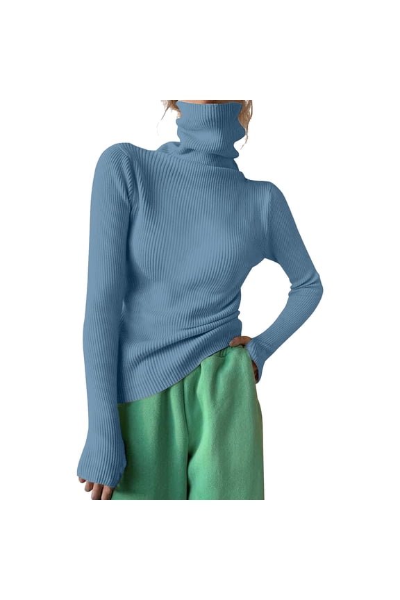 Sweaters for Women Plus Size Turtleneck Ribbed Knit Sweater Top Long Sleeve Solid Slim Fit Jumper Pullover Blue