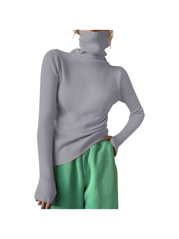 Sweaters for Women Plus Size Turtleneck Ribbed Knit Sweater Top Long Sleeve Solid Slim Fit Jumper Pullover Gray
