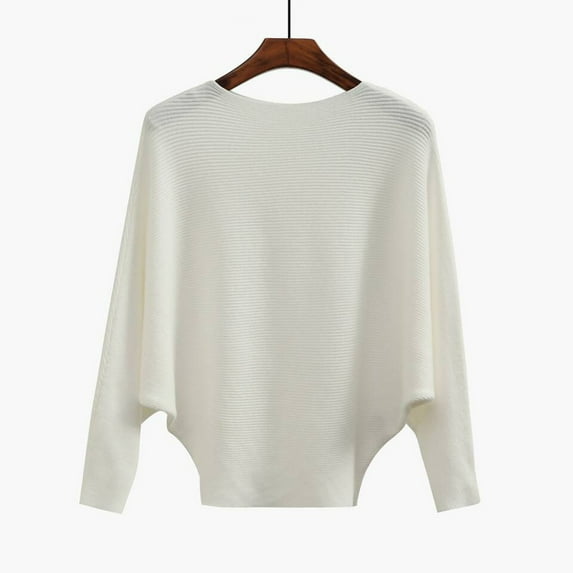 BOOMILK Sweaters for Women Trendy One-Neck Bat Sleeve Long-Sleeve Knit Sweater Pullover Fall Winter White