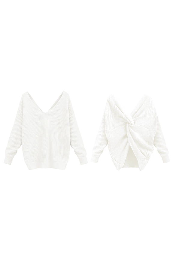 Sweaters for Women Two Piece V Neck Knotted Over Open Back Knit Sweater Topdacron White