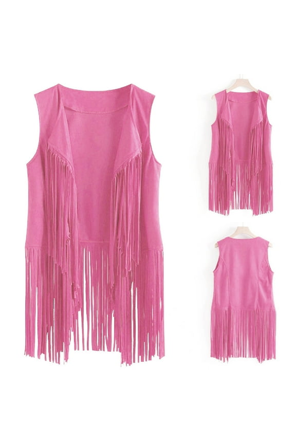 Tassel Vest For Women Slim Fit Open Front Sleeveless Cowboy Pink Jacket
