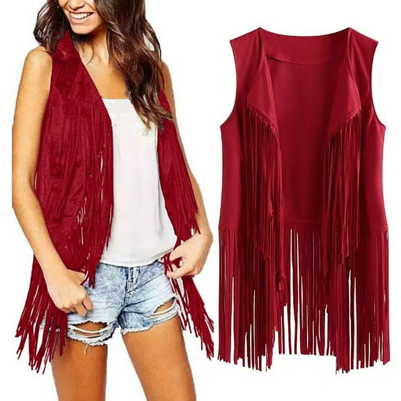 BOOMILK Tassel Vest for Women Slim Fit Open Front Sleeveless Fringe Cowboy Jacket Red
