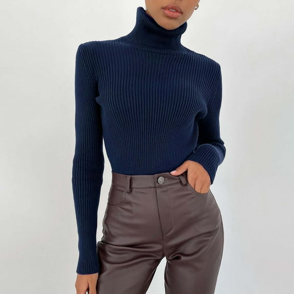 BOOMILK Turtleneck Sweaters for Women Slim Fit Lightweight Long Sleeve Undershirt Warm Knitted Pullover Blue