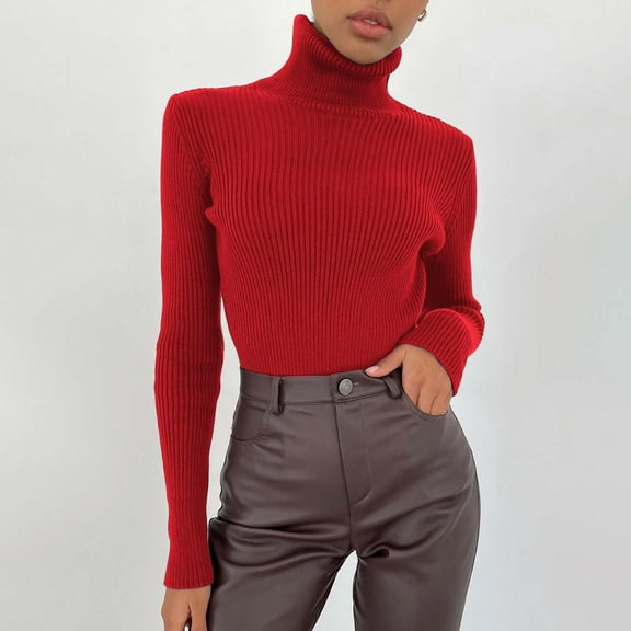 BOOMILK Turtleneck Sweaters for Women Slim Fit Lightweight Long Sleeve Undershirt Warm Knitted Pullover Red