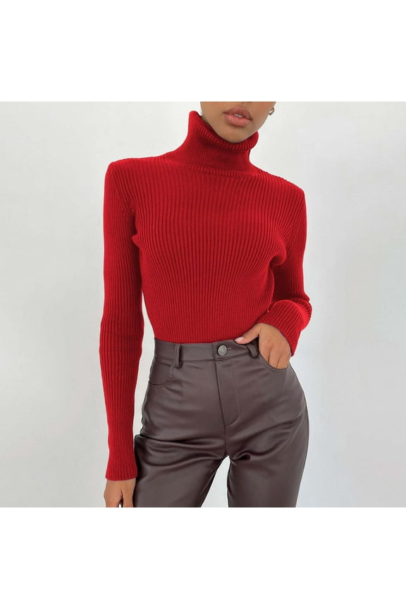 Turtleneck Sweaters for Women Slim Fit Lightweight Long Sleeve Undershirt Warm Knitted Pullover Red