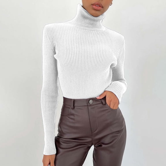 BOOMILK Turtleneck Sweaters for Women Slim Fit Lightweight Long Sleeve Undershirt Warm Knitted Pullover White